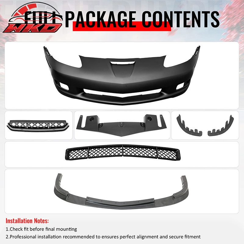 Fits 06-13 Corvette C6 Front Bumper Cover Z06 Style w/ Carbon Fiber Print Lip