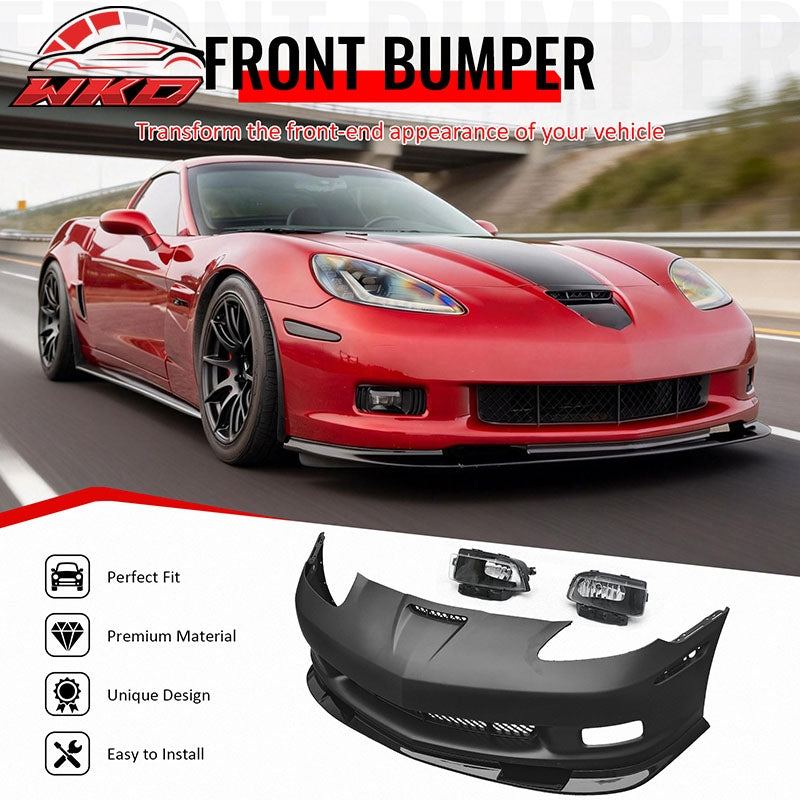 For 06-13 Corvette C6 Z06 Front Bumper Cover Conversion Foglight Gloss Black Lip