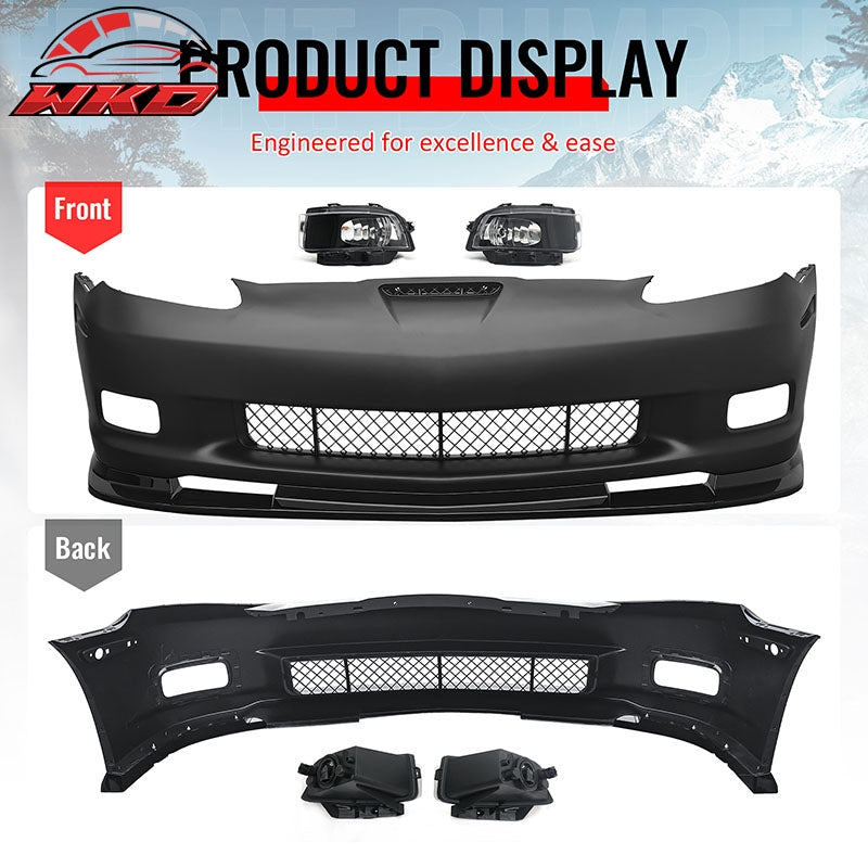 For 06-13 Corvette C6 Z06 Front Bumper Cover Conversion Foglight Gloss Black Lip