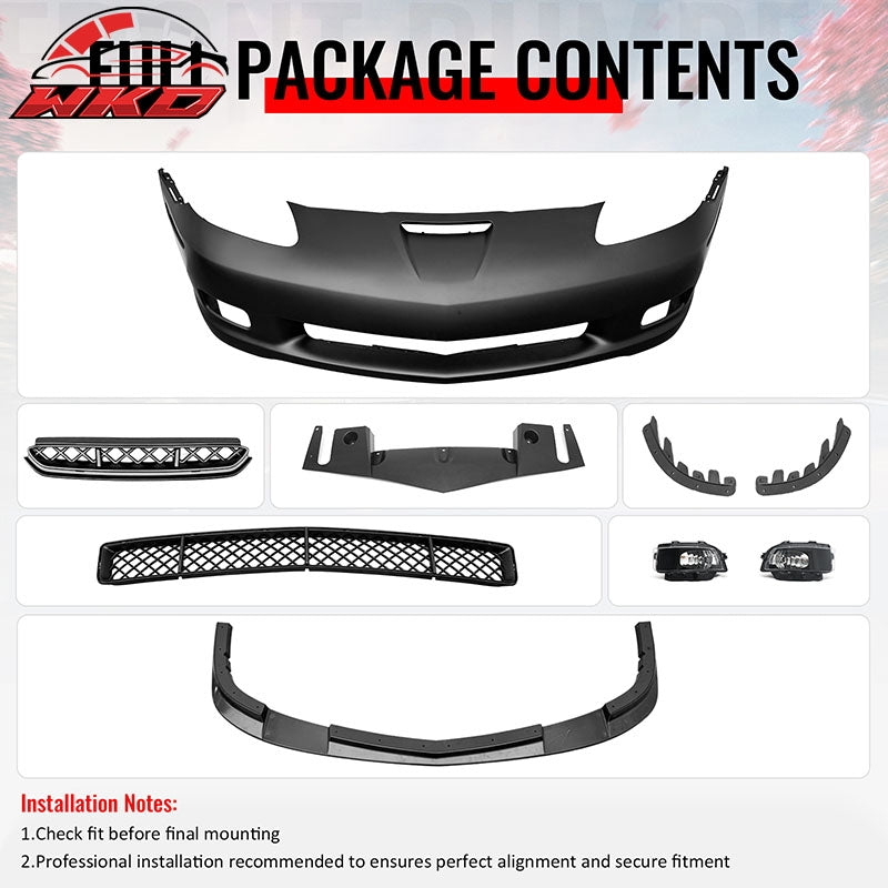 For 06-13 Corvette C6 Z06 Front Bumper Cover Conversion Foglight Gloss Black Lip