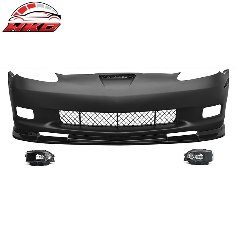 For 06-13 Corvette C6 Z06 Front Bumper Cover Conversion Foglight Gloss Black Lip