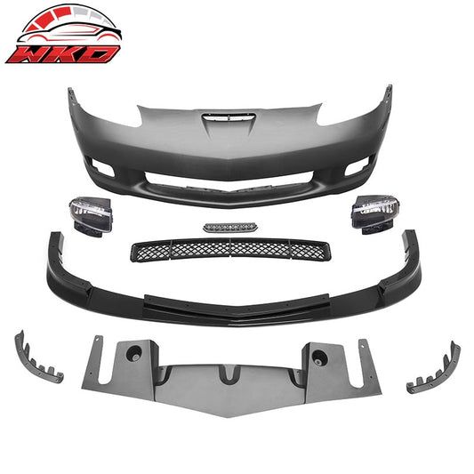 Wholesale 05-13 Corvette Front Bumper Cover Z06 Conversion +Foglight +Gloss Black Lip - Wikond Auto