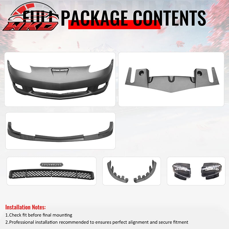 Fits 05-13 Corvette Front Bumper Cover Z06 +Foglight +Carbon Fiber Print ZR1 Lip
