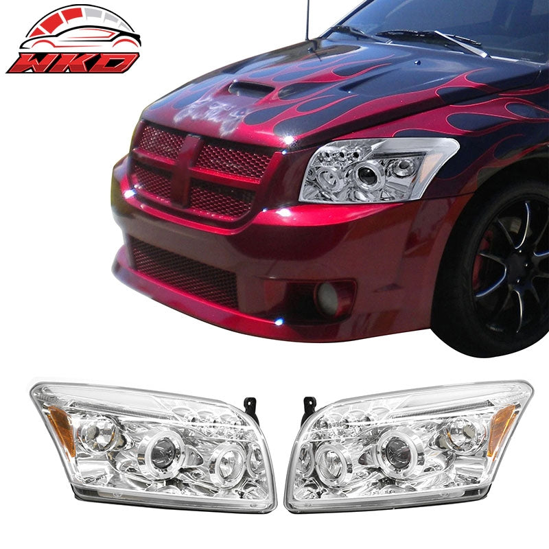 Fits 07-12 Dodge Caliber Projector Head Lights Chrome Housing w/ Amber Reflector