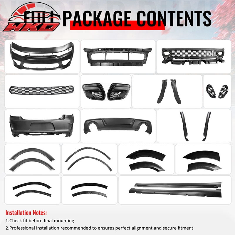 Fits 15-23 Dodge Charger Front Rear Bumper Conversion w/ Side Skirt/Fender Flare