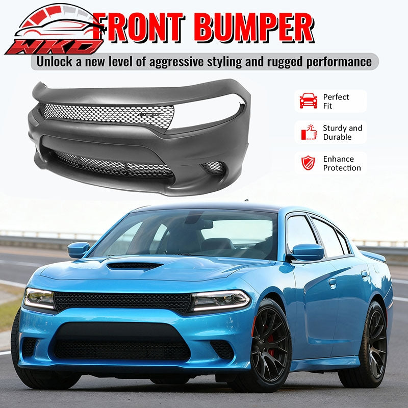 Fits 15-23 Dodge Charger SRT Hellcat Style Front Bumper Cover W/Fog Light Grille