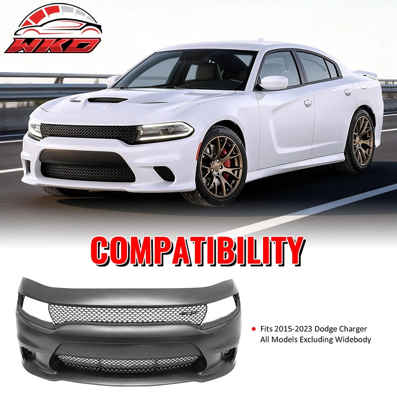 Fits 15-23 Dodge Charger SRT Hellcat Style Front Bumper Cover W/Fog Light Grille