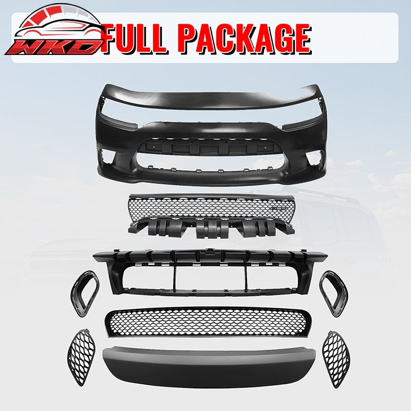 Fits 15-23 Dodge Charger SRT Hellcat Style Front Bumper Cover W/Fog Light Grille