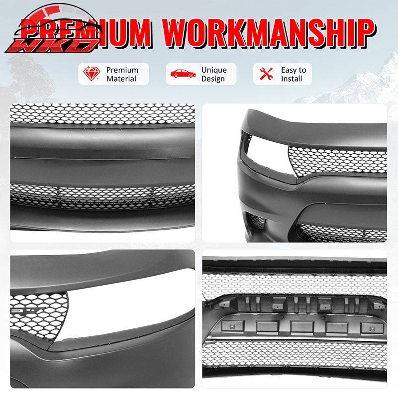 Fits 15-23 Dodge Charger SRT Hellcat Style Front Bumper Cover W/Fog Light Grille
