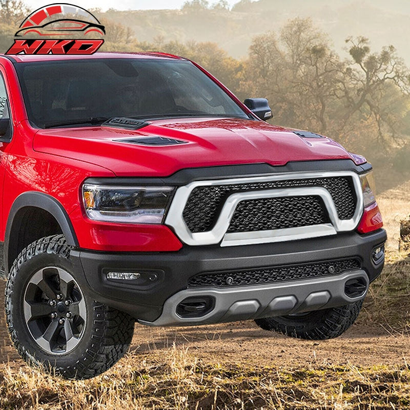 Fits 19-24 Dodge Ram 1500 Rebel Style Front Bumper Hood Mesh Grille - Chrome
