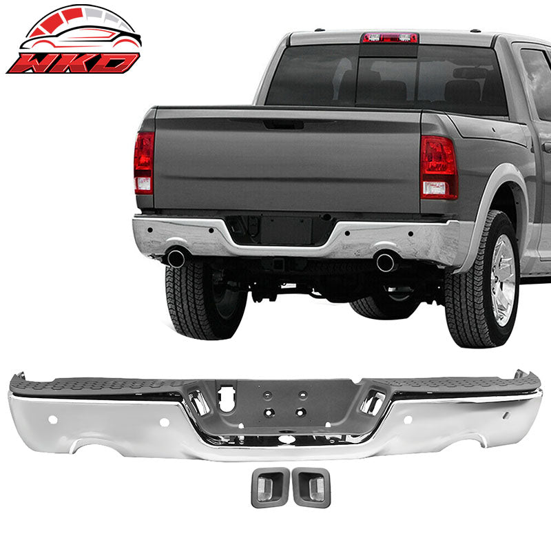 Fits 09-18 Dodge 1500 Chrome Rear Step Bumper w/ Dual Exhaust & Sensor Holes