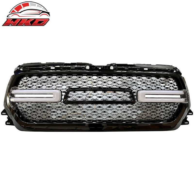 Fits 19-24 Dodge Ram 1500 Front Bumper Upper Mesh Grille W/White LED Gloss Black