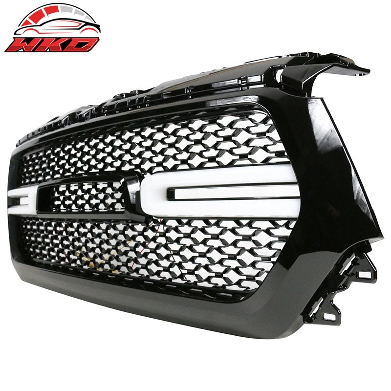 Fits 19-24 Dodge Ram 1500 Front Bumper Upper Mesh Grille W/White LED Gloss Black
