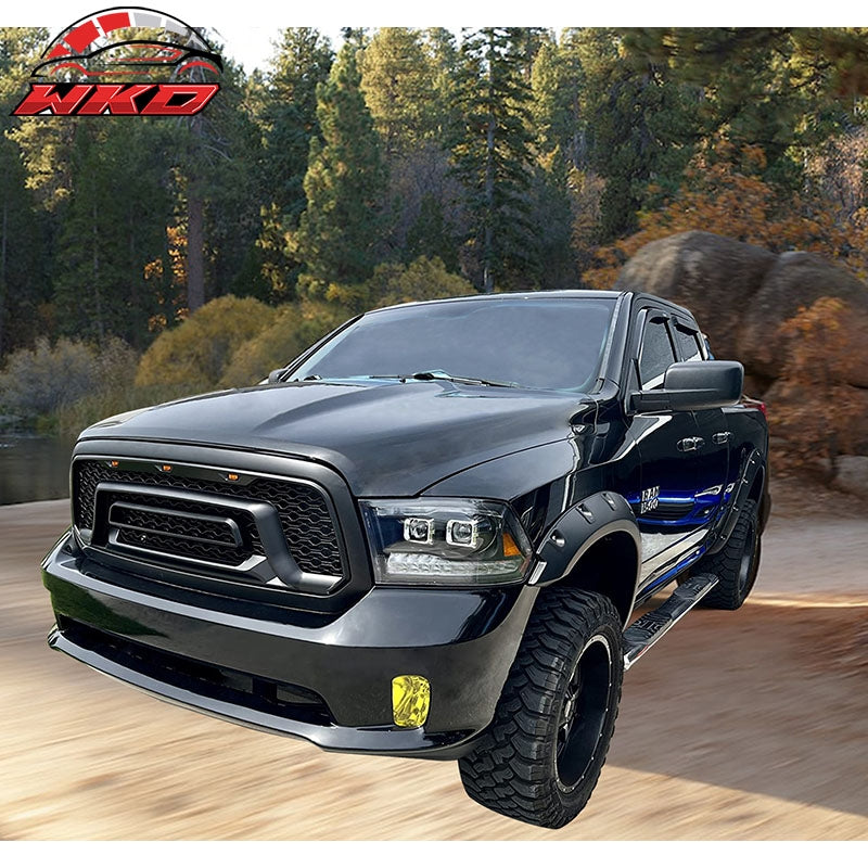 Fits 13-24 Dodge Ram 1500 Rebel Style Front Bumper Hood Mesh Grille Matte Black