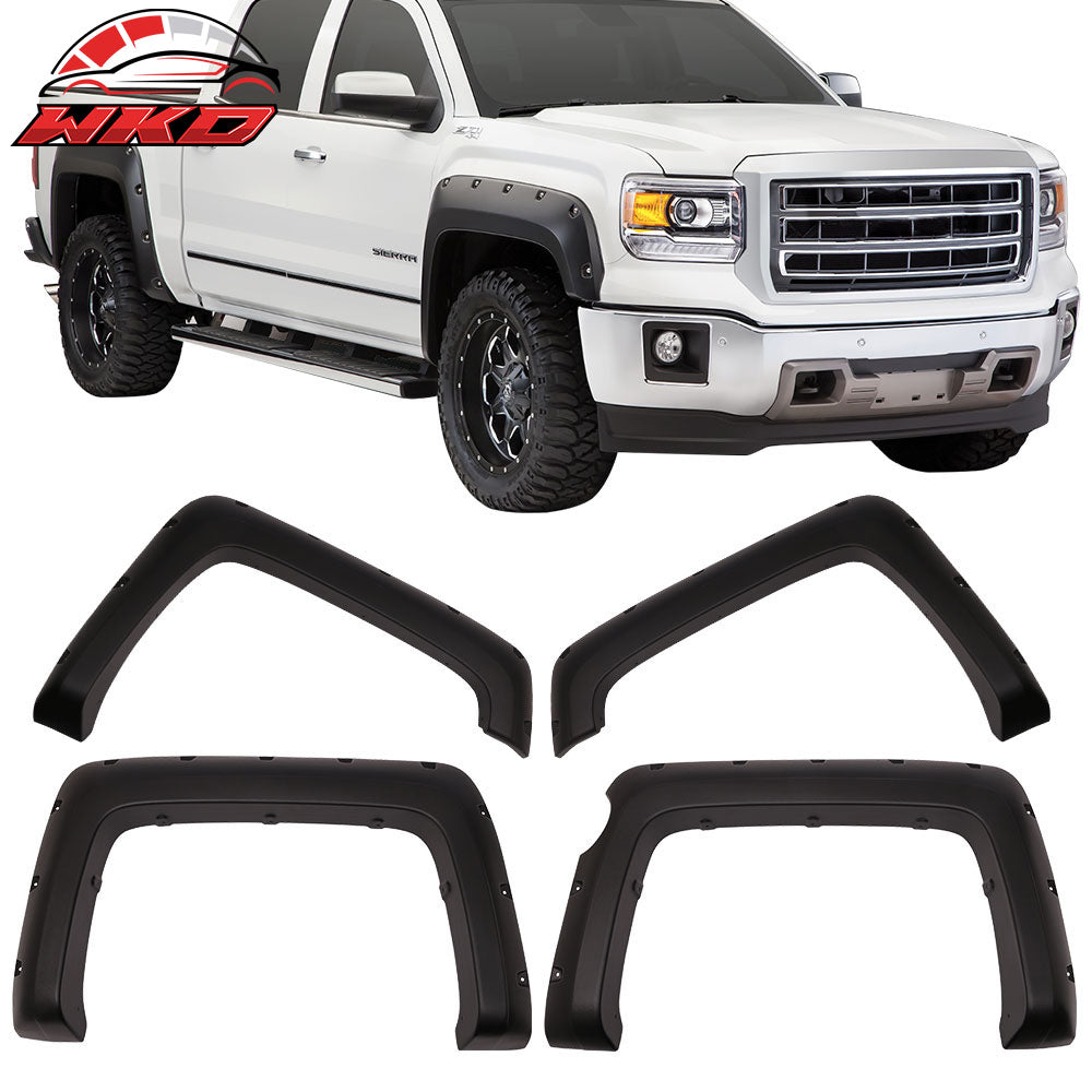 Fits 14-16 GMC Sierra 1500 Sanded Pocket Rivet Style Fender Flares Unpainted ABS