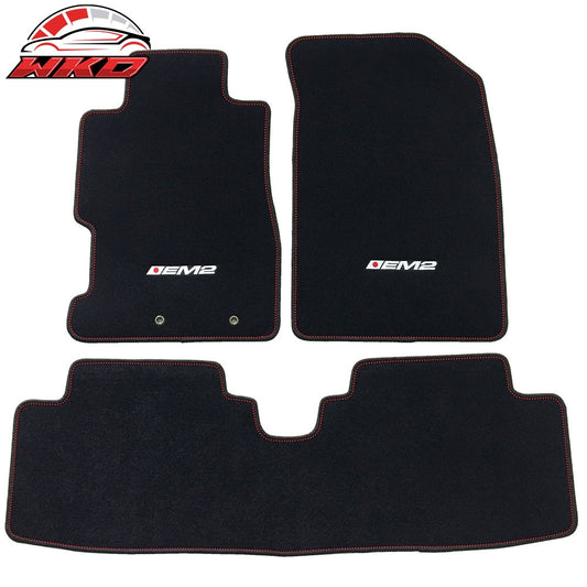 Wholesale 01-05 Honda Civic 4Dr 3PC Floor Mats W/EM2 Logo & Red Stitching Nylon Black