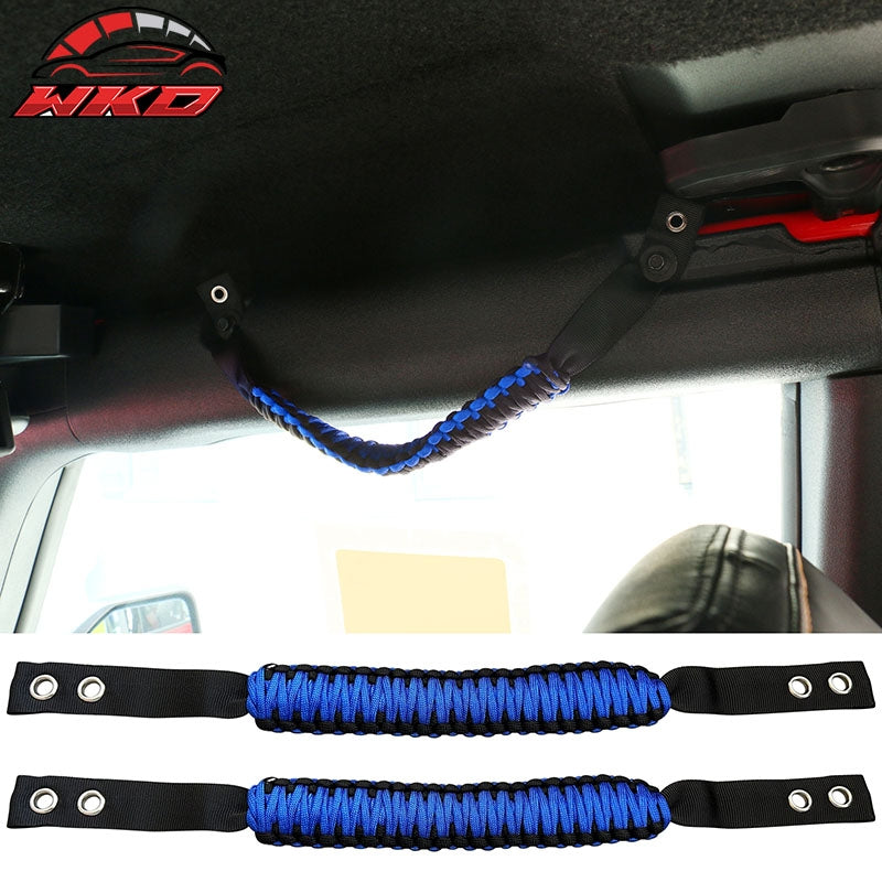 Fits 21-26 Ford Bronco 2PC Front Headrest Handle + 2PC Roll Bar Grab Blue Nylon