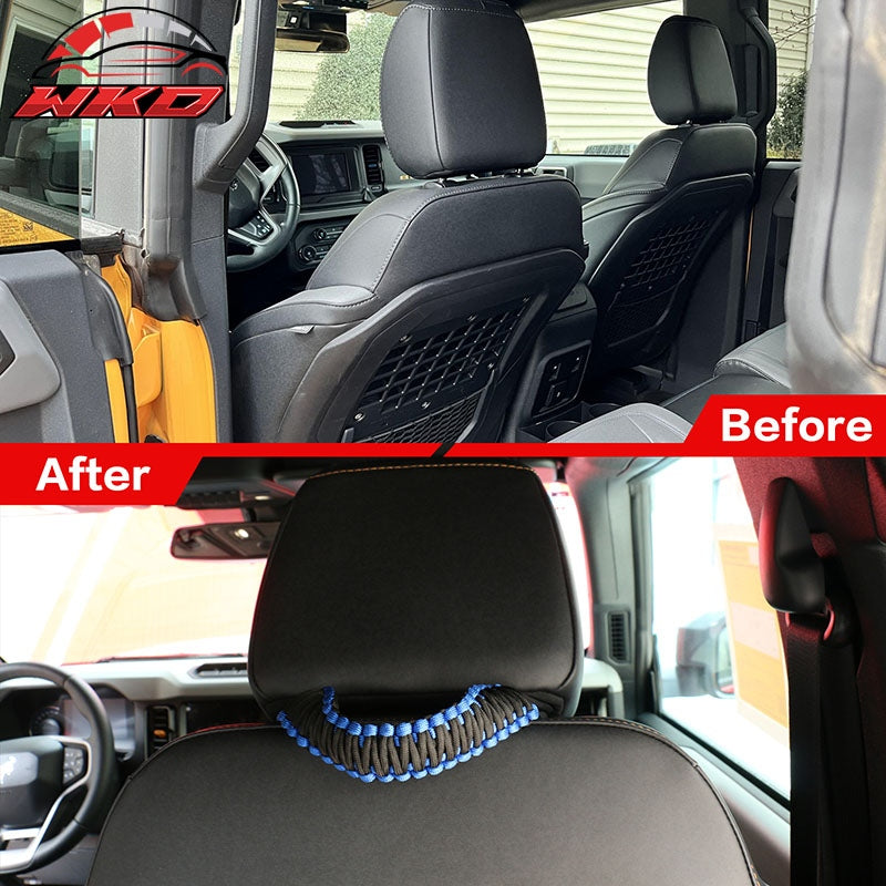 Fits 21-26 Ford Bronco 2PC Front Headrest Handle + 2PC Roll Bar Grab Blue Nylon