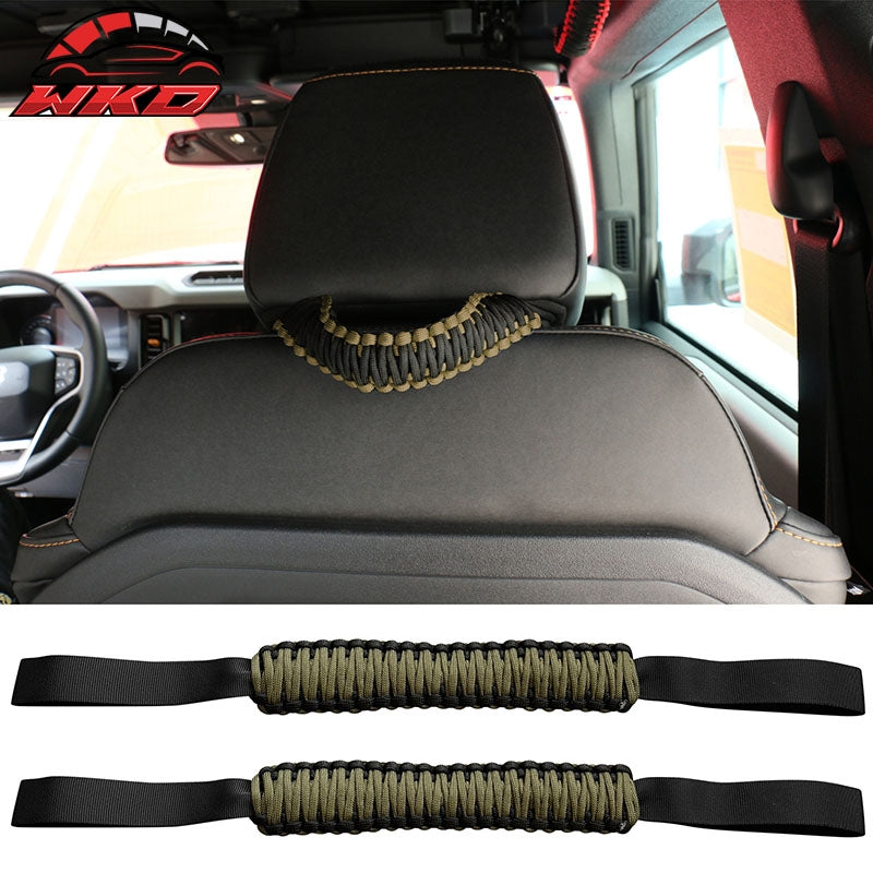 Fits 21-26 Ford Bronco 2PC Front Headrest Handle + 2PC Roll Bar Grab Green Nylon