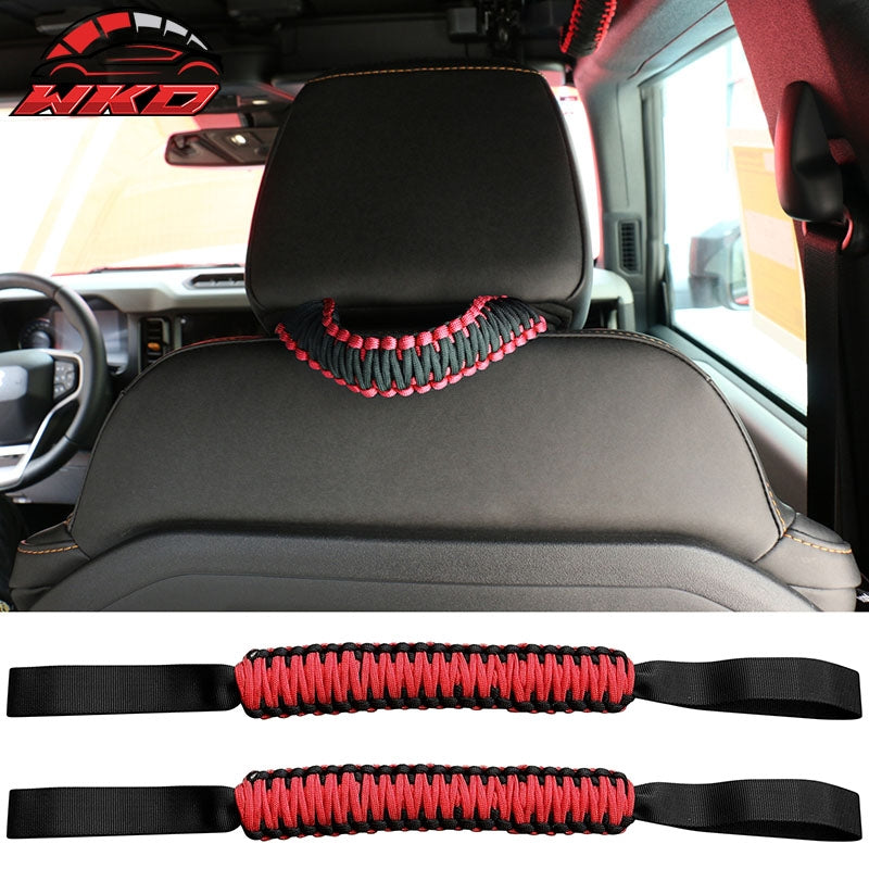 Fits 21-26 Ford Bronco 2PC Front Headrest Handle + 2PC Roll Bar Grab Red Nylon