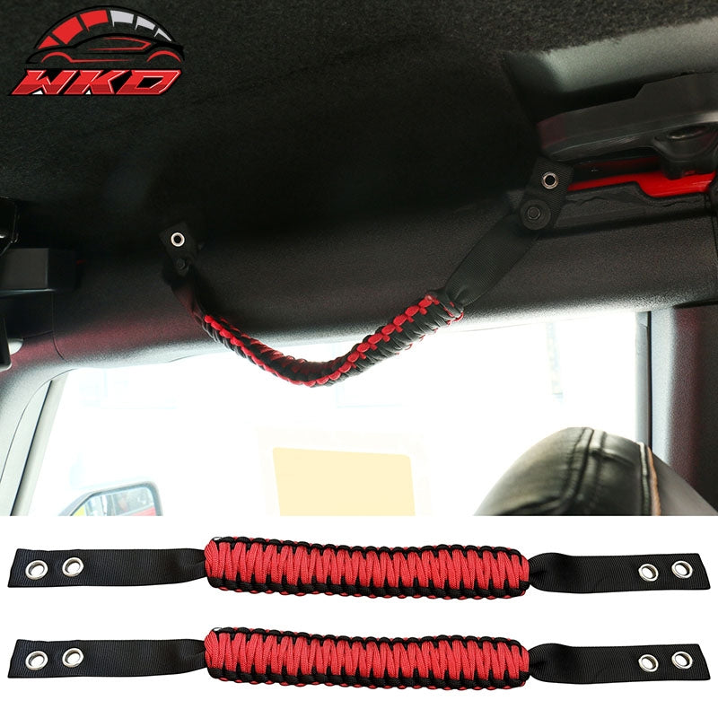 Fits 21-26 Ford Bronco 2PC Front Headrest Handle + 2PC Roll Bar Grab Red Nylon