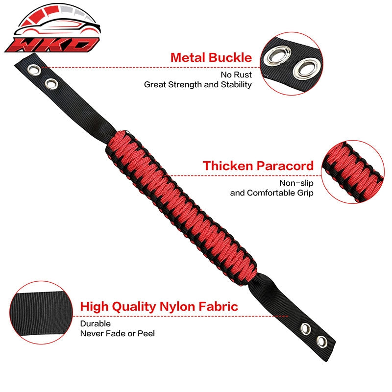 Fits 21-26 Ford Bronco 2PC Front Headrest Handle + 2PC Roll Bar Grab Red Nylon