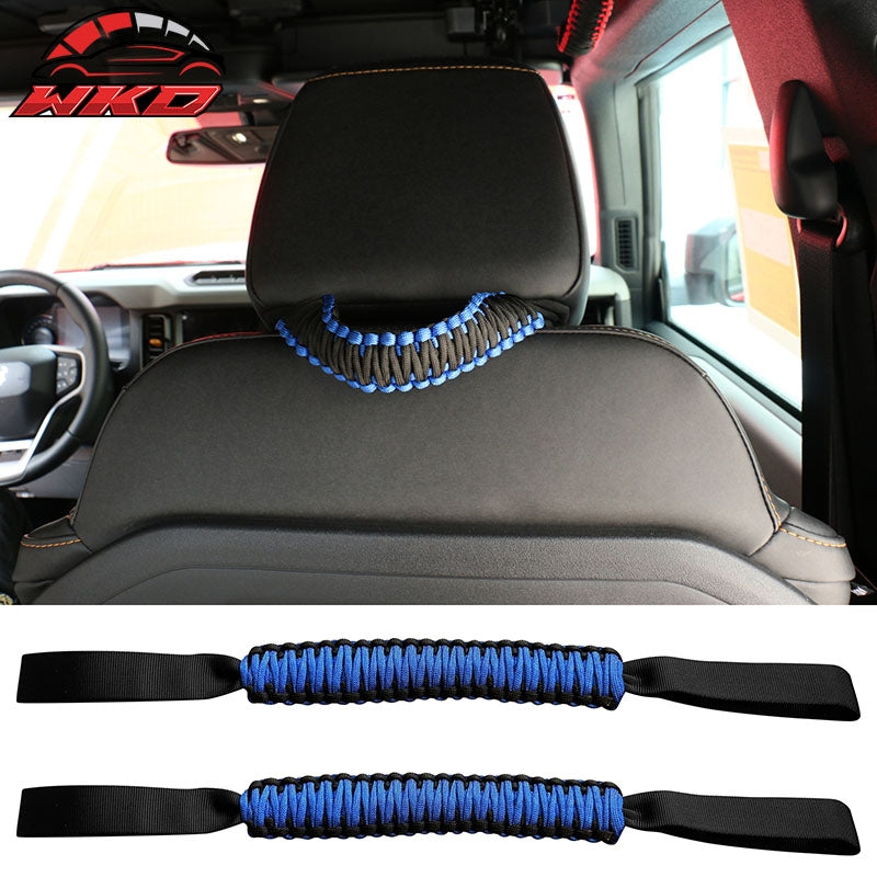 Fits 21-26 Ford Bronco Front Headrest Handles Roll Bar Grab Blue Nylon 2PCS