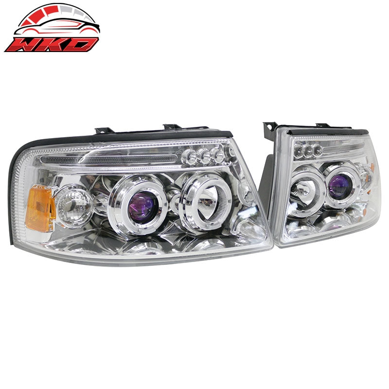For 03-06 Ford Expedition Front Bumper Head Lights Chrome Housing Blue Projector