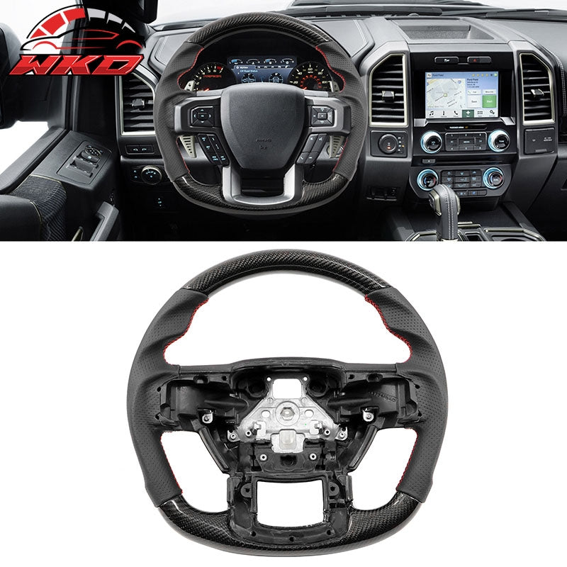 For 15-20 F150 17-22 F250 F350 Carbon Fiber Steering Wheel Leather W/ Red Stitch