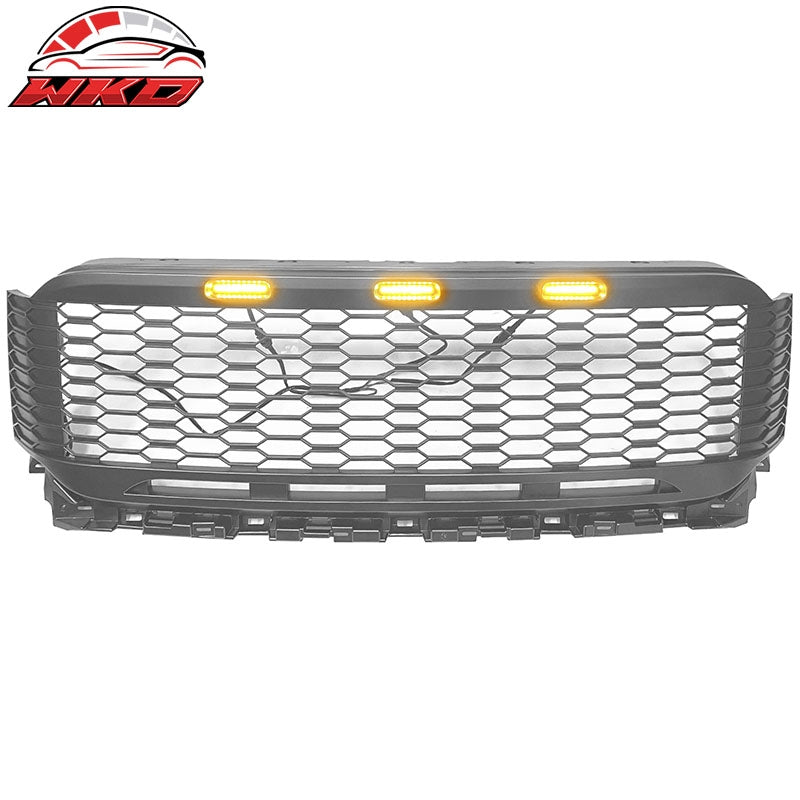 Fits 2021-2023 Ford F-150 Gray Front Mesh Hood Grill Grille ABS R Style W/LED