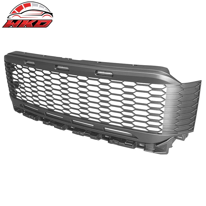 Fits 2021-2023 Ford F-150 Gray Front Mesh Hood Grill Grille ABS R Style W/LED