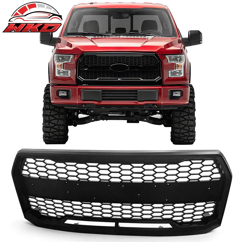 For 15-17 Ford F-150 Raptor Style W/Emblem Recess Front Upper Matte Black Grille