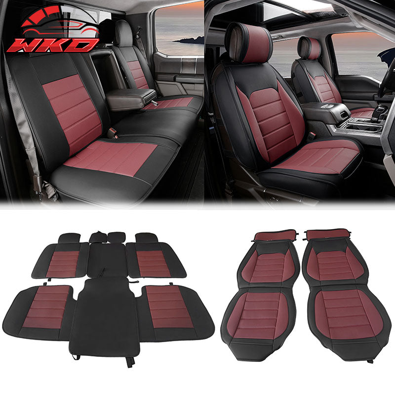 Fits 09-26 Ford F150 Crew Cab Pickup Seat Covers PU Leather 5 Seats - Black&Red