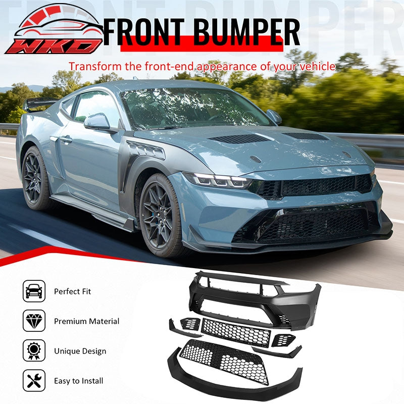 Fits 24-26 Ford Mustang Front Bumper Cover GTD Style Conversion Gloss Black Lip