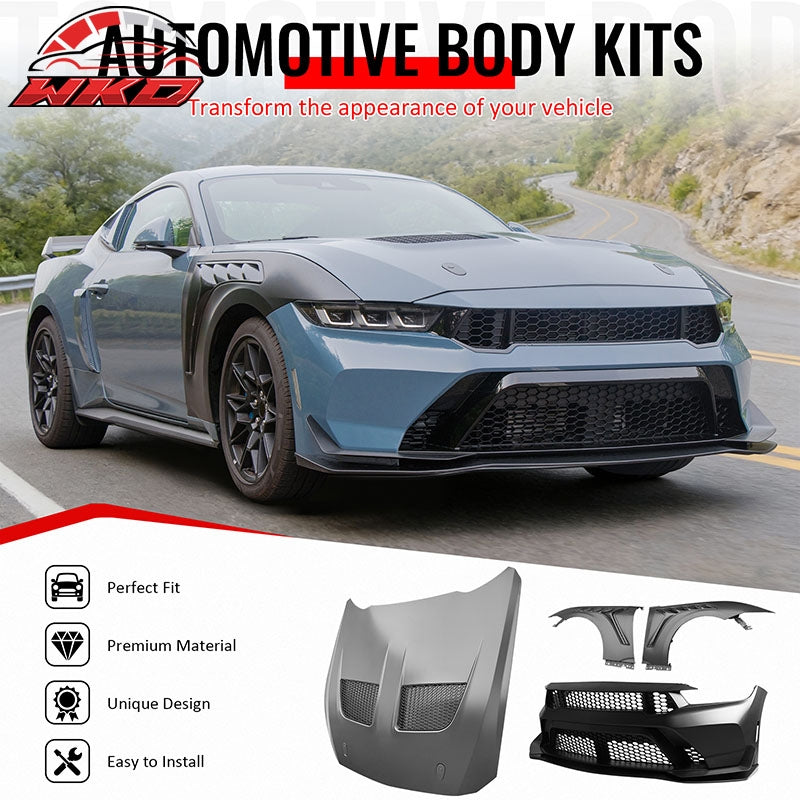 Fits 24-26 Ford Mustang Front Bumper Cover + Hood + Fender GTD Style (Matte Lip)