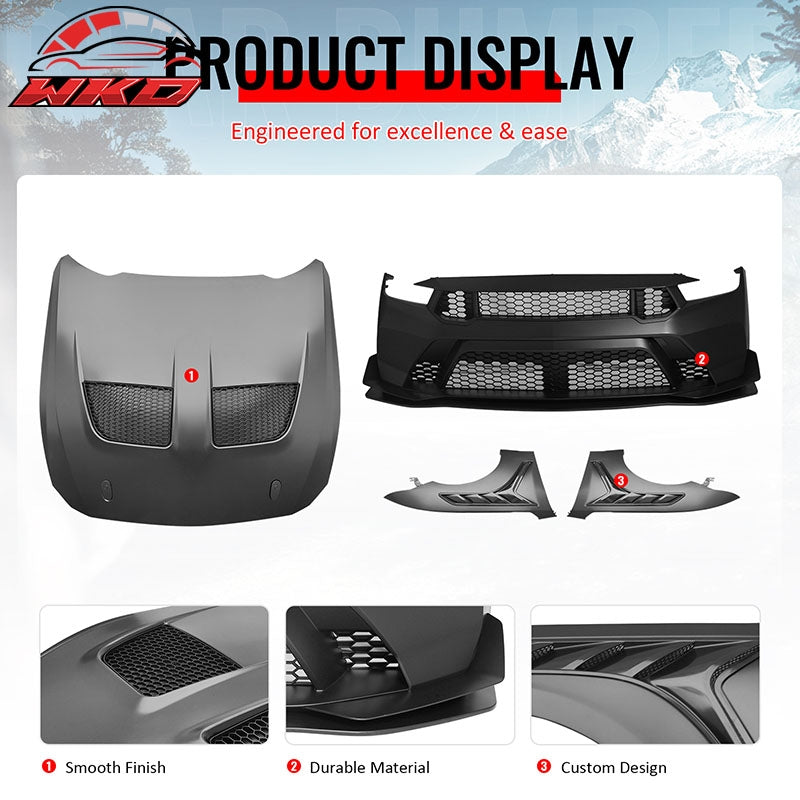 Fits 24-26 Ford Mustang Front Bumper Cover + Hood + Fender GTD Style (Matte Lip)