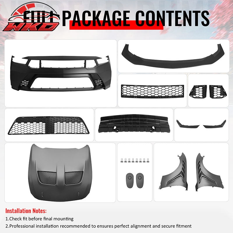Fits 24-26 Ford Mustang Front Bumper Cover + Hood + Fender GTD Style (Matte Lip)