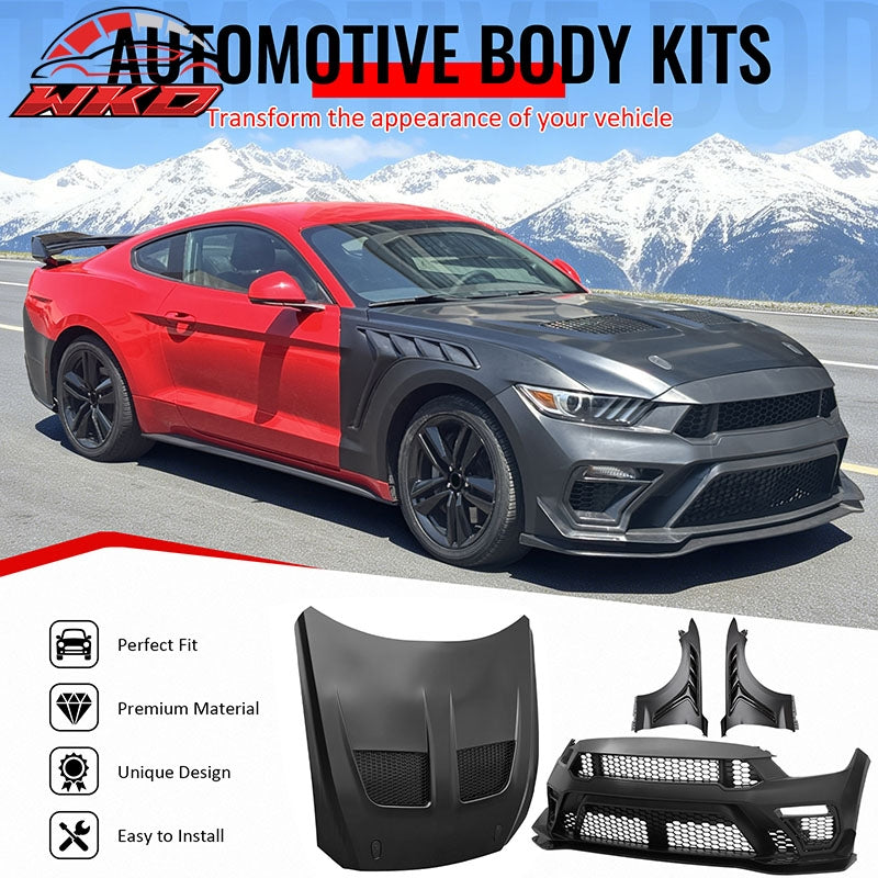 For 15-17 Ford Mustang GTD Style Front Bumper Conversion + Fender + Hood +Grille