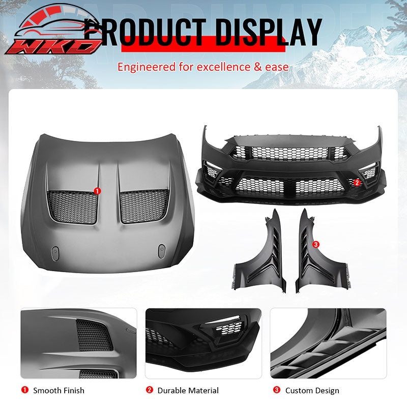 For 15-17 Ford Mustang GTD Style Front Bumper Conversion + Fender + Hood +Grille