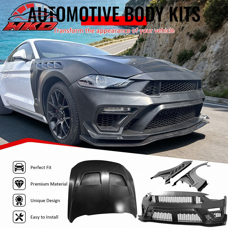 For 18-23 Ford Mustang GTD Style Front Bumper Conversion + Fender + Hood +Grille