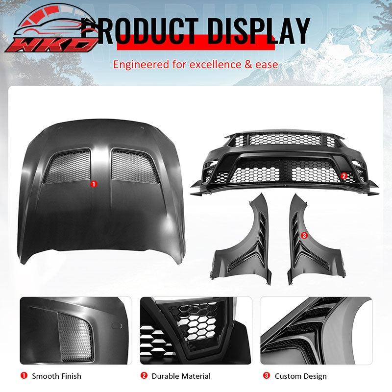 For 18-23 Ford Mustang GTD Style Front Bumper Conversion + Fender + Hood +Grille