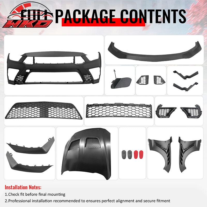 For 18-23 Ford Mustang GTD Style Front Bumper Conversion + Fender + Hood +Grille