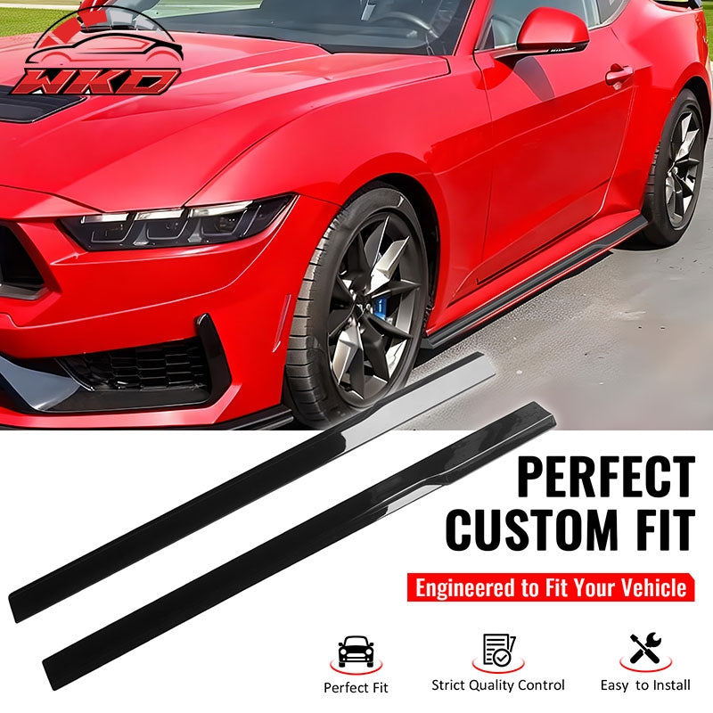Fits 24-26 Ford Mustang IKON Style Gloss Black Side Skirts Diffuser Add on