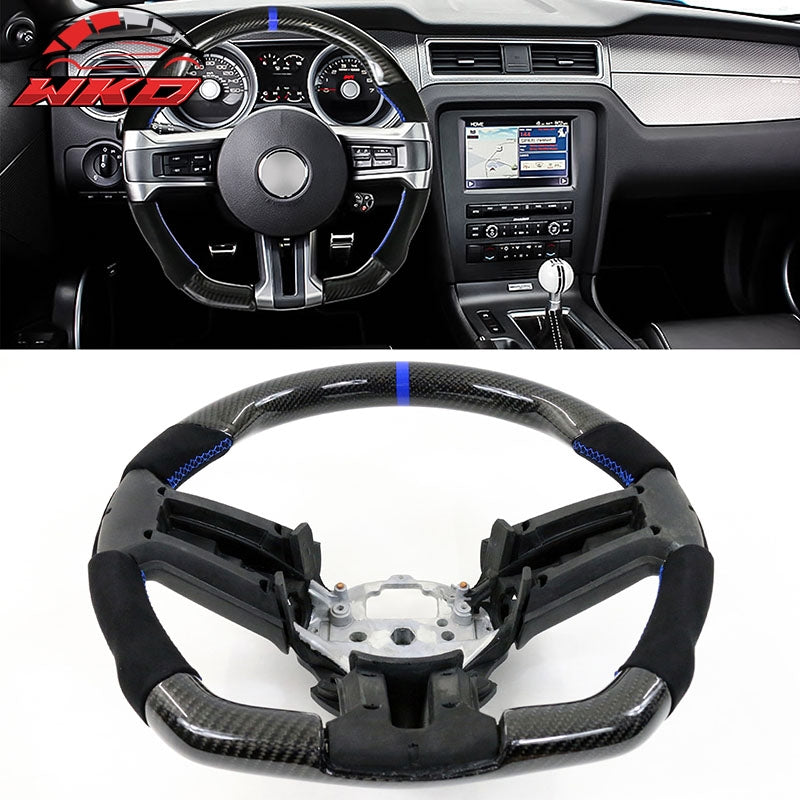 Fits 10-14 Ford Mustang Steering Wheel Blue Stitch & Ring Alcantara Carbon Fiber