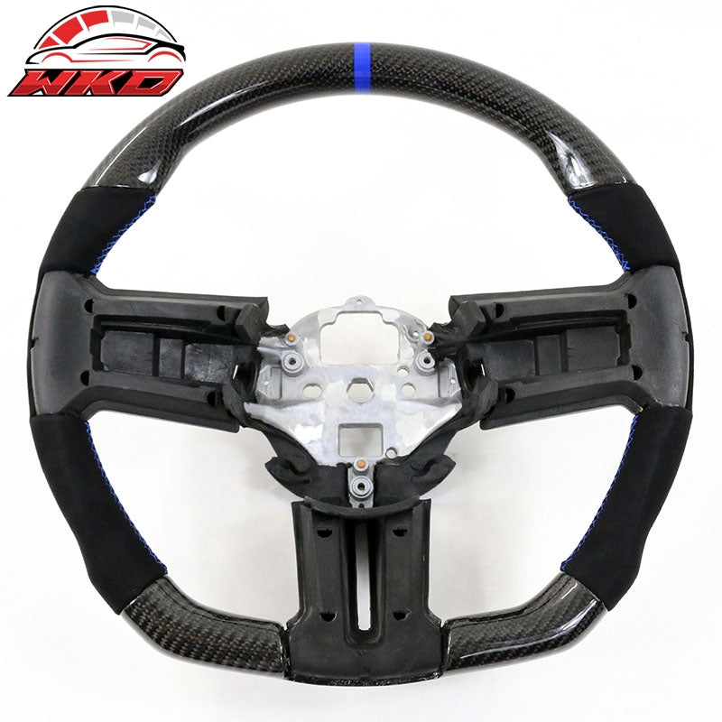 Fits 10-14 Ford Mustang Steering Wheel Blue Stitch & Ring Alcantara Carbon Fiber