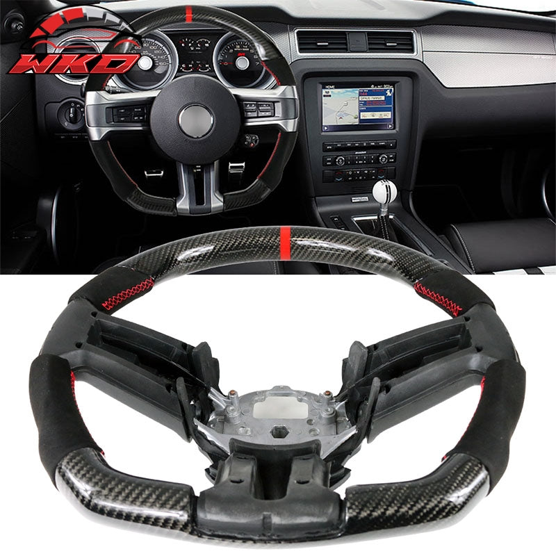 Fits 10-14 Ford Mustang Steering Wheel Carbon Fiber Alcantara Red Stitch & Ring