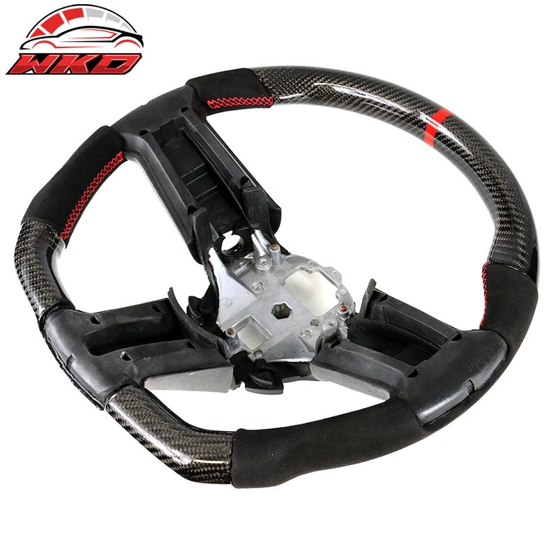 Fits 10-14 Ford Mustang Steering Wheel Carbon Fiber Alcantara Red Stitch & Ring