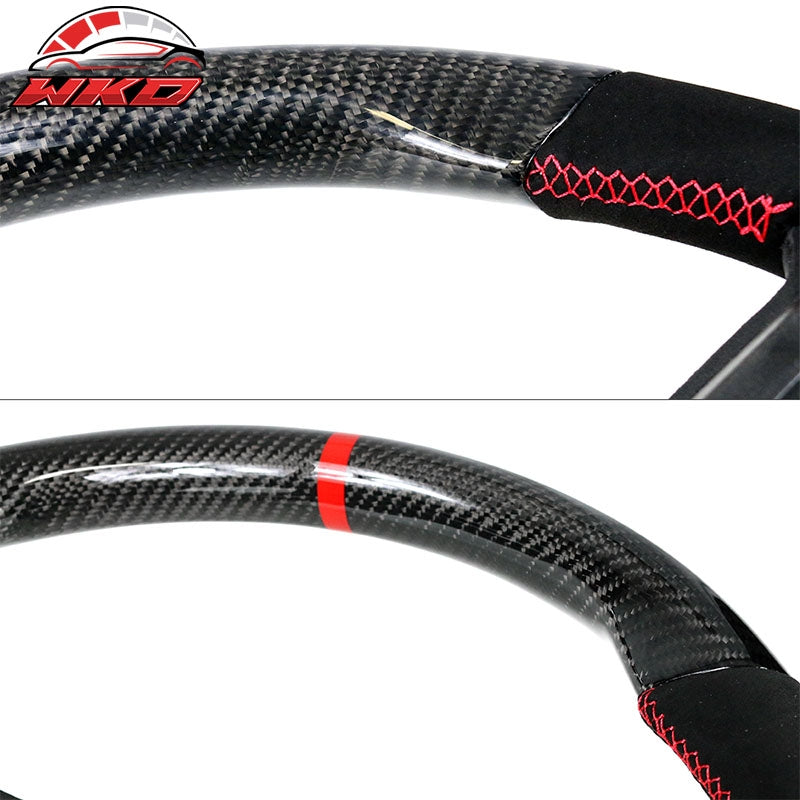 Fits 10-14 Ford Mustang Steering Wheel Carbon Fiber Alcantara Red Stitch & Ring