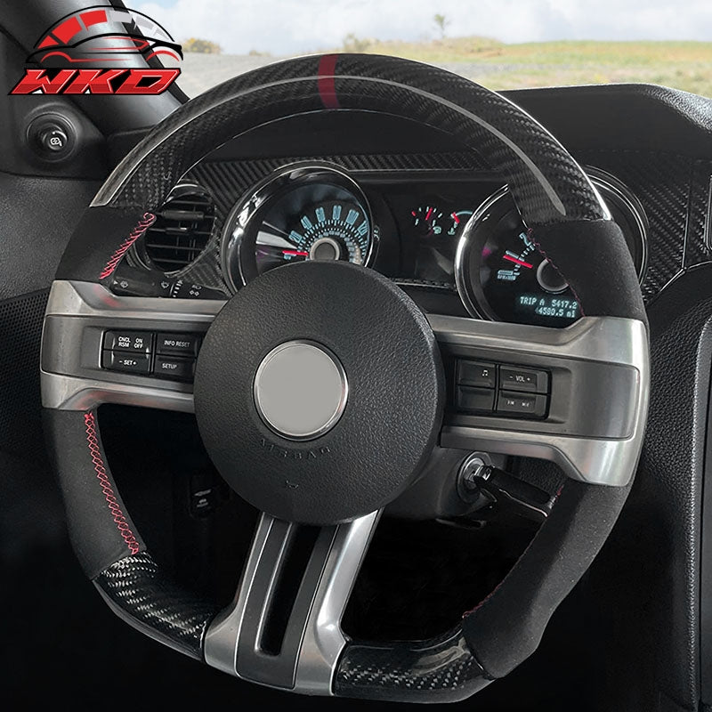 Fits 10-14 Ford Mustang Steering Wheel Carbon Fiber Alcantara Red Stitch & Ring