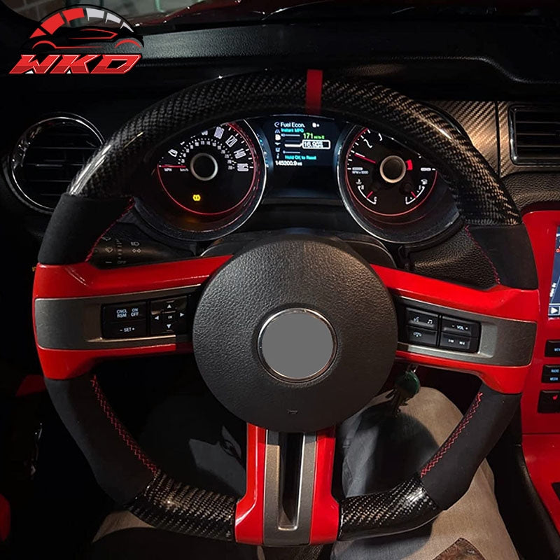 Fits 10-14 Ford Mustang Steering Wheel Carbon Fiber Alcantara Red Stitch & Ring